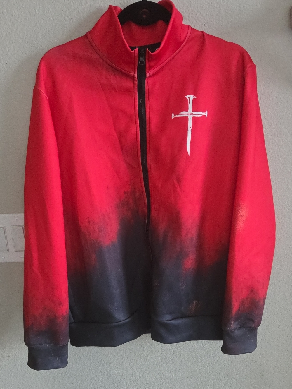 OUKU Red Ombre Zip-Up Jacket with White Cross Detail